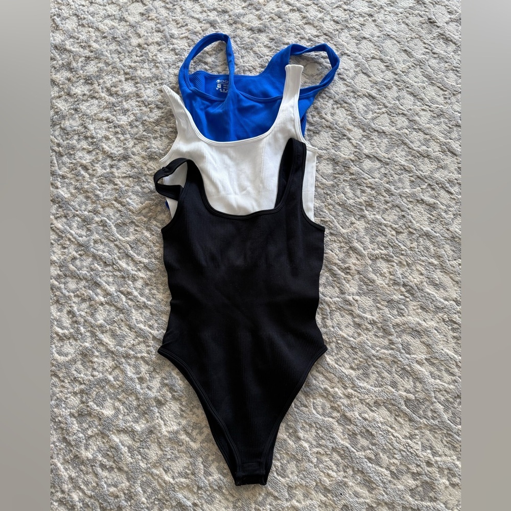 OQQ (Amazon) Black, White, and Blue Ribbed Bodysuits, Set of 3, NWOT, M